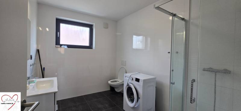 Koupelna se sprchovým koutem, umyvadlem a pračkou ve 3-pokojovém bytě.