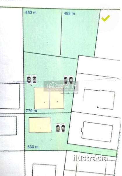 Ilustrace rozvržení pozemků pro bydlení v Senci, s rozlohami 453 m² a 530 m².