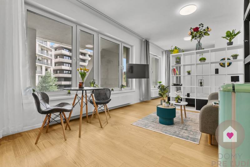 Obývací pokoj jednoizbového bytu s velkými okny, podlahou s dřevěným dekorem a rostlinami.