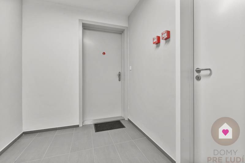 Chodba s dveřmi, světle šedými stěnami a dlažbou v 1-pokojovém bytě.