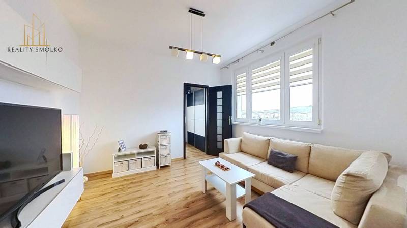 Obývací pokoj v 3-pokojovém bytě s podlahou s dřevěným dekorem a pohodlnou šedou sedačkou.