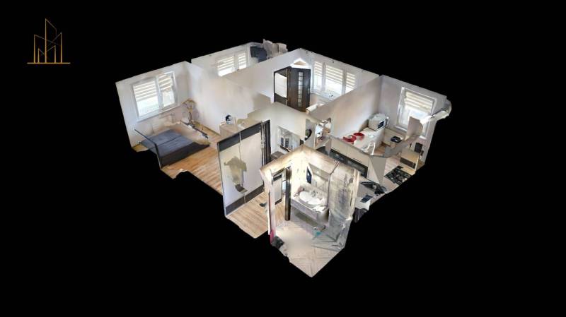 3D půdorys 3pokojového bytu s podlahou s dřevěným dekorem a zařízením.