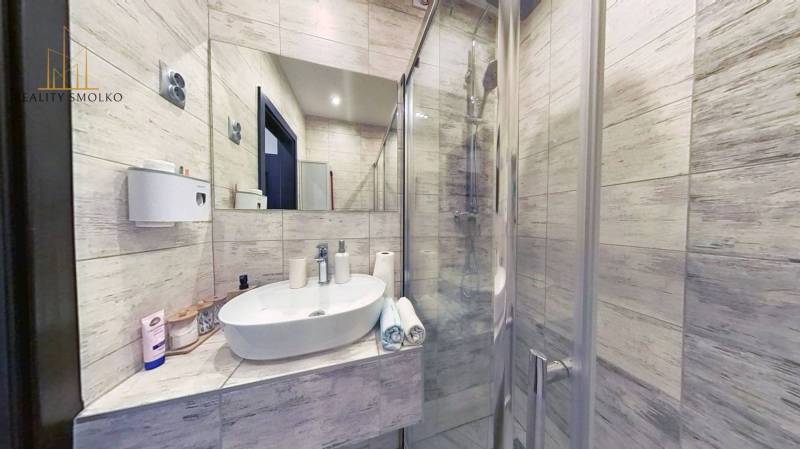 Koupelna s umyvadlem a sprchovým koutem v 3-pokojovém bytě s dřevěným dekorem.