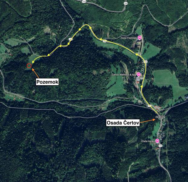 Mapa zemědělských a lesních pozemků v okolí Lazy pod Makytou.