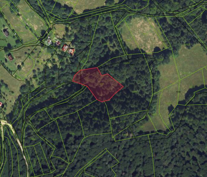 Satelitní mapa zemědělských a lesních pozemků v Lazy pod Makytou, s vyznačenou parcelou.
