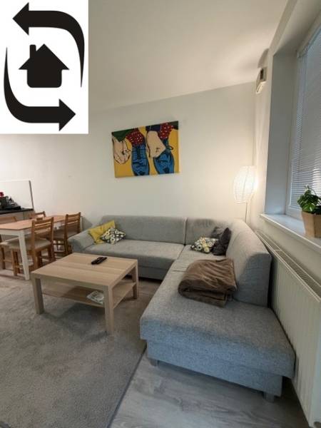 Světlý obývací pokoj s rohovou sedačkou a uměním v 2-pokojovém bytě.