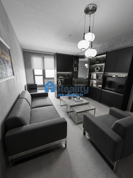 Obývací pokoj ve 2-pokojovém bytě s tmavým nábytkem a komfortní sedačkou.