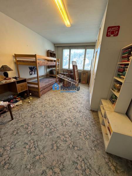 Pokoj v 2-pokojovém bytě s patrovou postelí, kobercem a regály plnými knih.