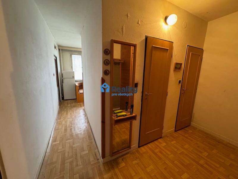 Chodba 2pokojového bytu s podlahou s dřevěným dekorem, světlými stěnami a zrcadlem.