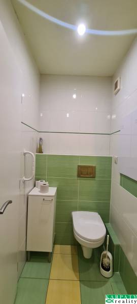 Koupelna v 3-pokojovém bytě se zeleným keramickým obkladem a moderním sanitárním zařízením.