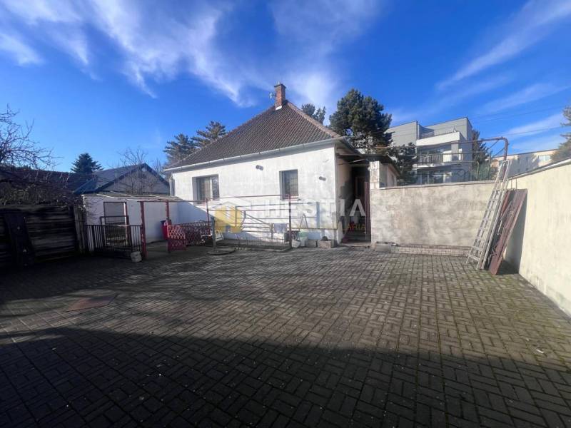 Dvorní exteriér s betonovou dlažbou a rodinným domem ve městě Senica, představený jako gastro prostory.