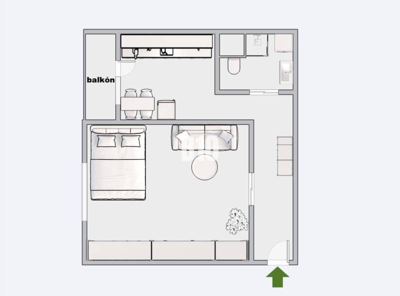 Půdorys 1-pokojového bytu s balkonem, koupelnou a kuchyní.