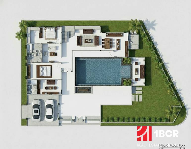 Půdorys Vily v Pattayi s bazénem, zahradou, terasou a dvojgaráží.