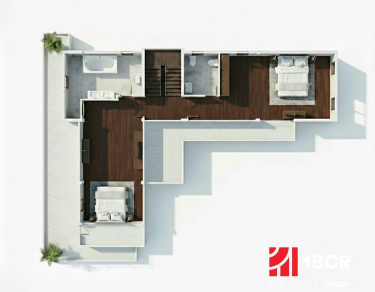 Půdorys vily se dvěma ložnicemi a koupelnou, využívající podlahu s dřevěným dekorem.