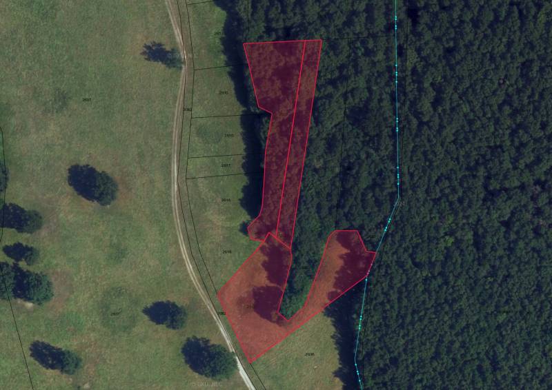 Ortofotomapa zemědělských a lesních pozemků v oblasti Príbelce, s vyznačenými parcelami.