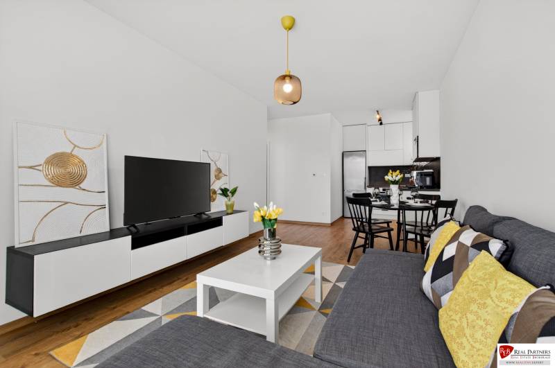 Obývací pokoj v 2pokojovém bytě s podlahou s dřevěným dekorem, pohovkou a televizí.