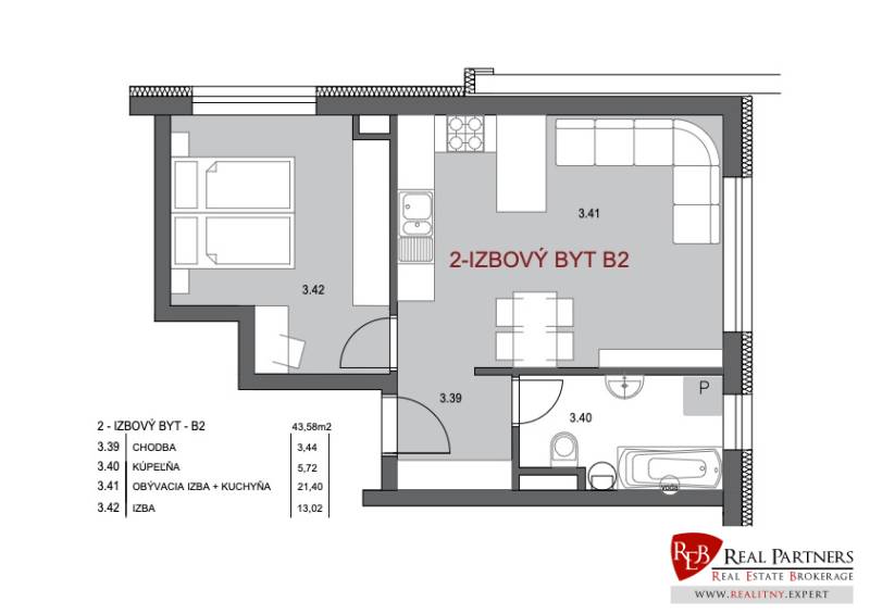Půdorys 2-pokojového bytu s kuchyní a koupelnou, světlé rozvržení místností.