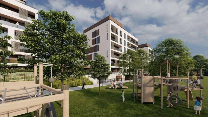 Moderní architektura s hřištěm před 4pokojovým bytem na Suchoňově ulici, Poprad.