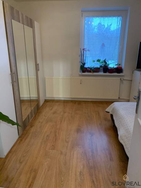 Pokoj v 2-pokojovém bytě s podlahou s dřevěným dekorem a skříní se zrcadlem.