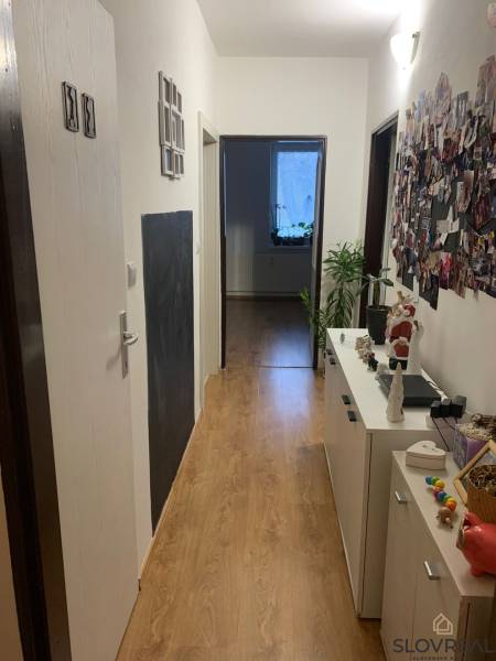 Chodba s podlahou s dřevěným dekorem, komodou a dekoracemi, 2-pokojový byt.