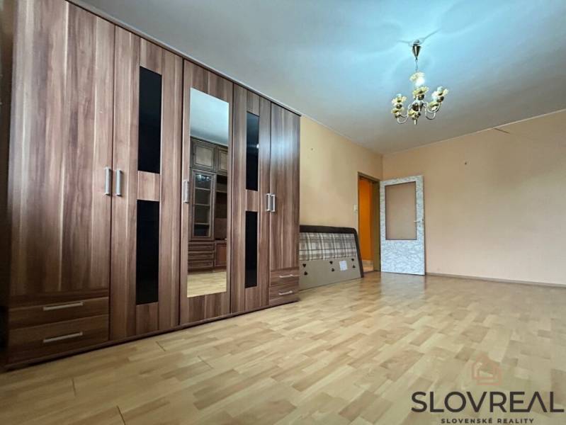 Světlý obývací pokoj s podlahou s dřevěným dekorem a velkou šatní skříní.