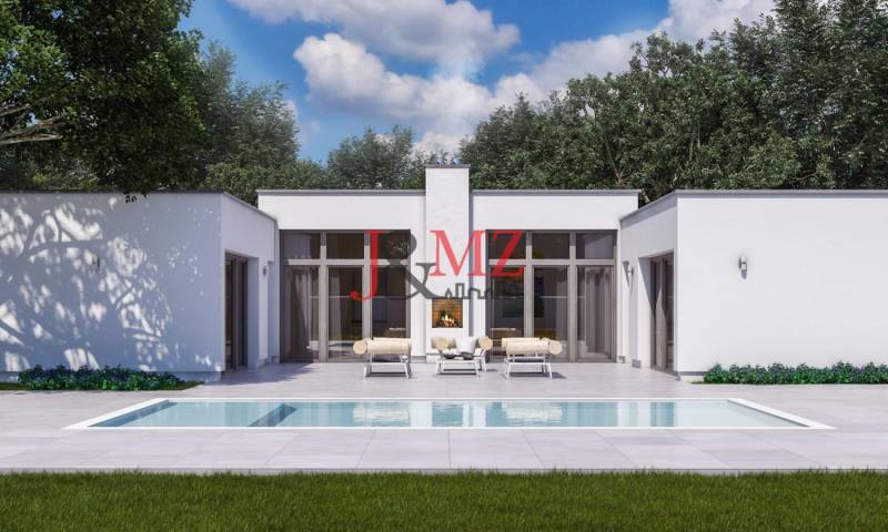 Rodinný dům v Dolní Seči se zahradním bazénem a terasou obklopenou zelení.