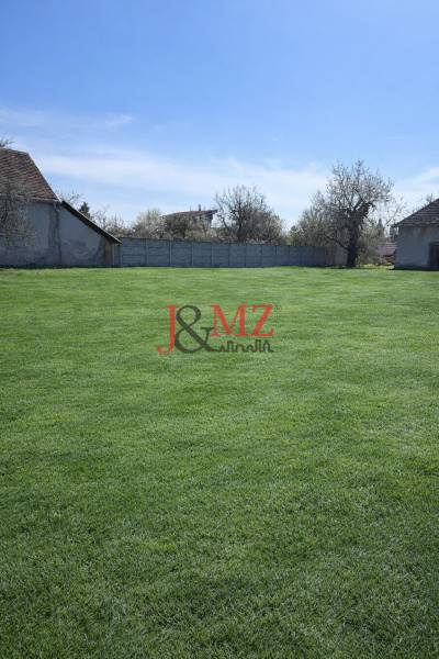 Zahrada v Dolní Seči obklopená rodinnými domy a oplocením pod modrou oblohou.