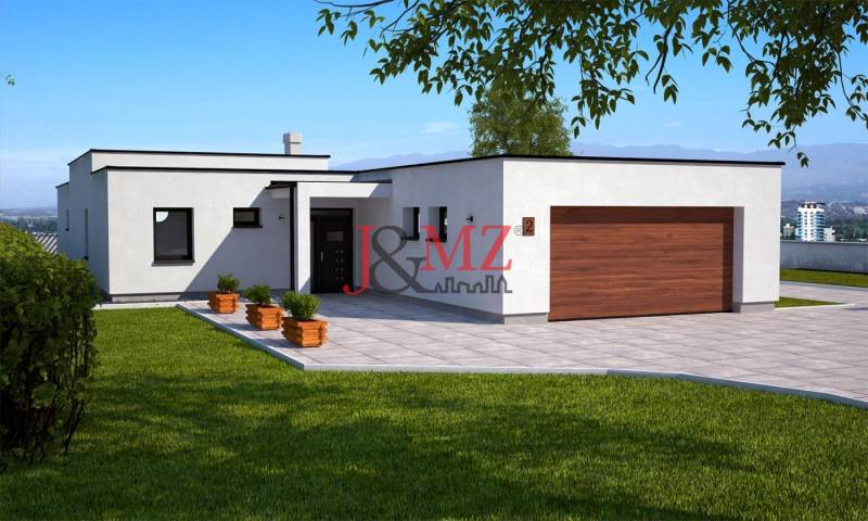 Rodinný dům v Dolní Seči s bílou fasádou, velkou terasou a zeleným trávníkem.