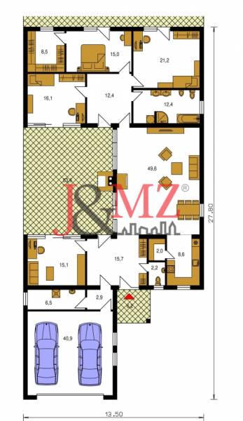 Půdorys jednopodlažního rodinného domu s garáží a prostorným obývacím pokojem.