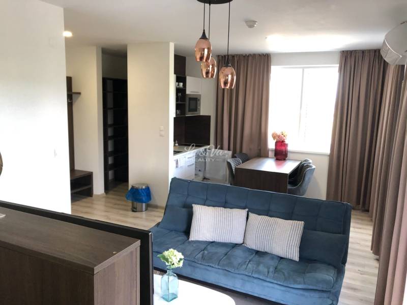 Obývací pokoj v 2-pokojovém bytě s pohovkou a jídelním stolem; podlaha s dřevěným dekorem.