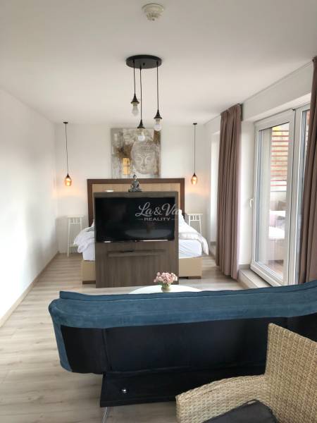 Obývací pokoj v 2pokojovém bytě s podlahou s dřevěným dekorem a oddělenou spánkovou zónou.