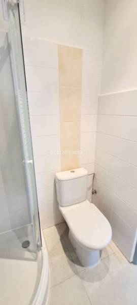 Koupelna v kanceláři se sprchovým koutem a toaletou.