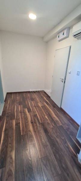 Chodba v kancelářích s podlahou s dřevěným dekorem a bílými stěnami.