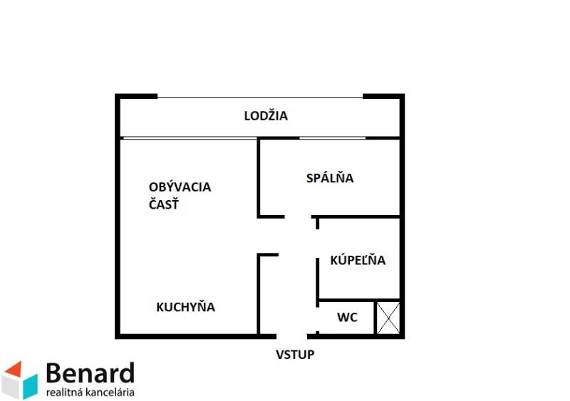 Půdorys 2-pokojového bytu s kuchyní, obývacím pokojem, ložnicí, koupelnou, WC a lodžií.