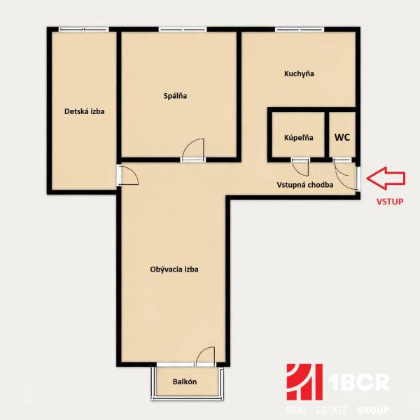 Půdorys 3pokojového bytu s ložnicí, dětským pokojem, kuchyní a obývacím pokojem s balkonem.