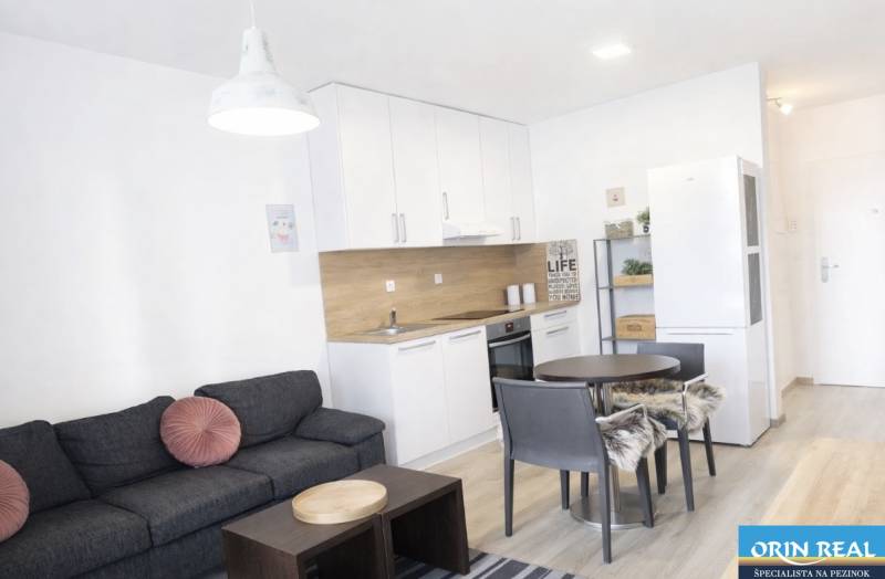 Obývací pokoj s kuchyní v 2-pokojovém bytě, podlaha s dřevěným dekorem.