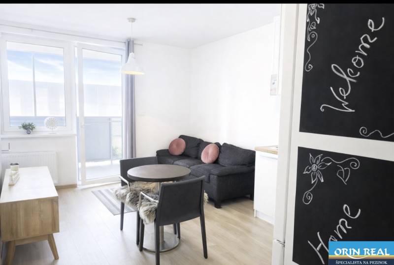 Obývací pokoj v 2-pokojovém bytě s podlahou s dřevěným dekorem a balkonem.