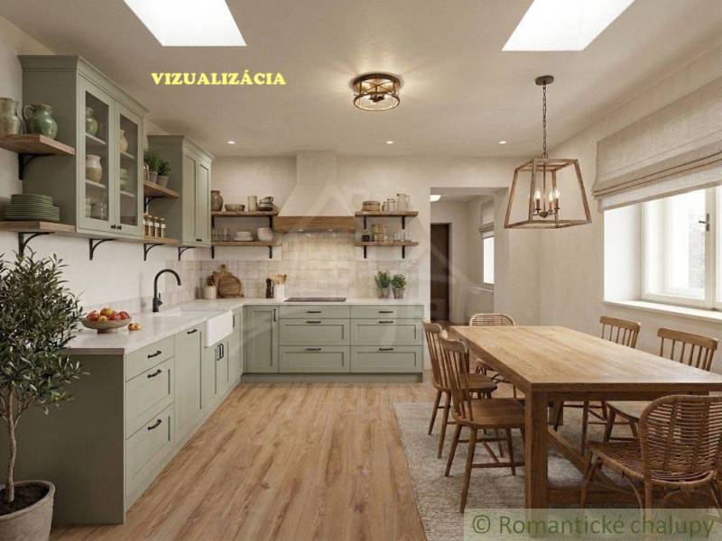 Interiér rodinného domu s kuchyní, dřevěným dekorem a kuchyňským stolem s lampou.