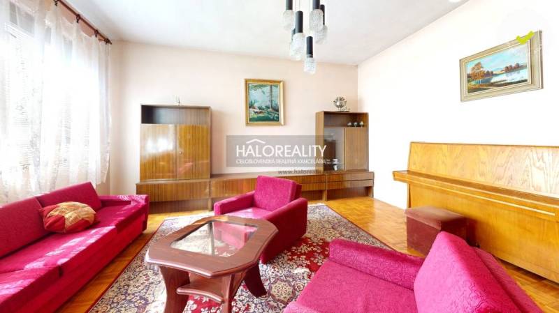 Obývací pokoj v rodinném domě s kobercovým vzorem a podlahou s dřevěným dekorem.