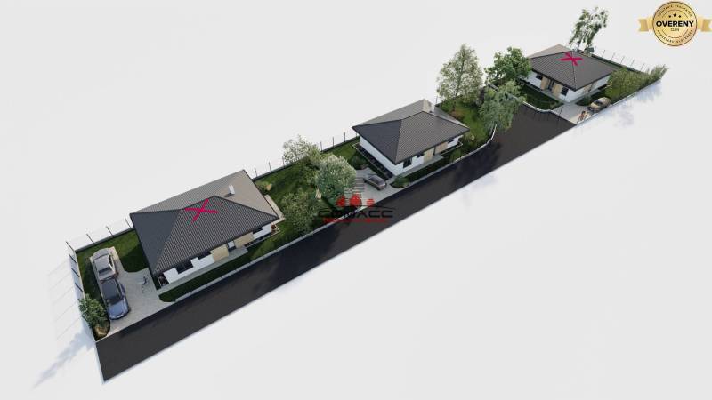Vizualizace tří rodinných domů na ulici Kostelní v Drahovcích se zelení a parkovacími místy.