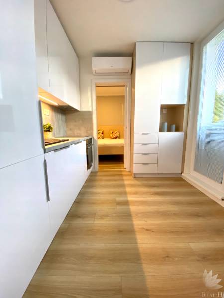 Světlá kuchyně v 2-pokojovém bytě s podlahou s dřevěným dekorem a bílými skříňkami.