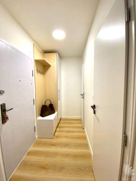 Předsíň s podlahou s dřevěným dekorem, skříňkou a věšákem v 2-pokojovém bytě.