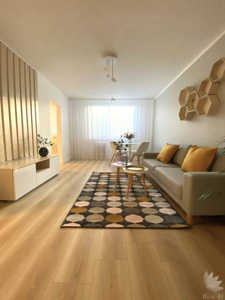 Obývací pokoj v 2-pokojovém bytě s podlahou s dřevěným dekorem a vzorovaným kobercem.