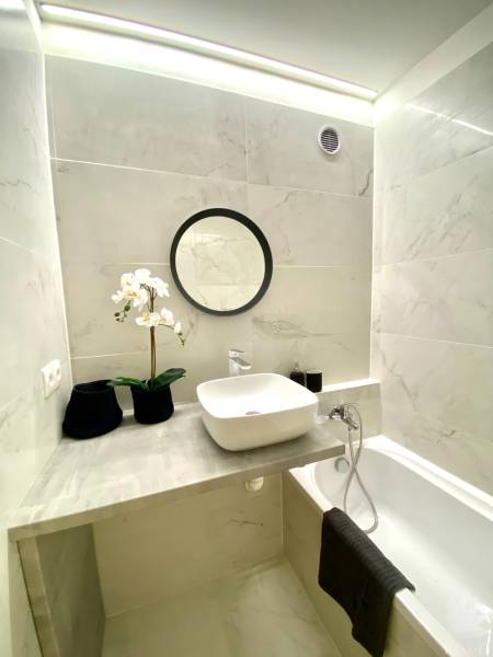 Koupelna s umyvadlem na desce, vanou a dekorací, 2-pokojový byt.