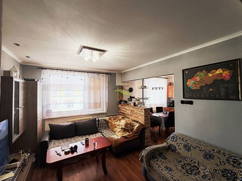 Obývací pokoj s pohovkou, podlahou s dřevěným dekorem a světelným lustrem ve 4pokojovém bytě.