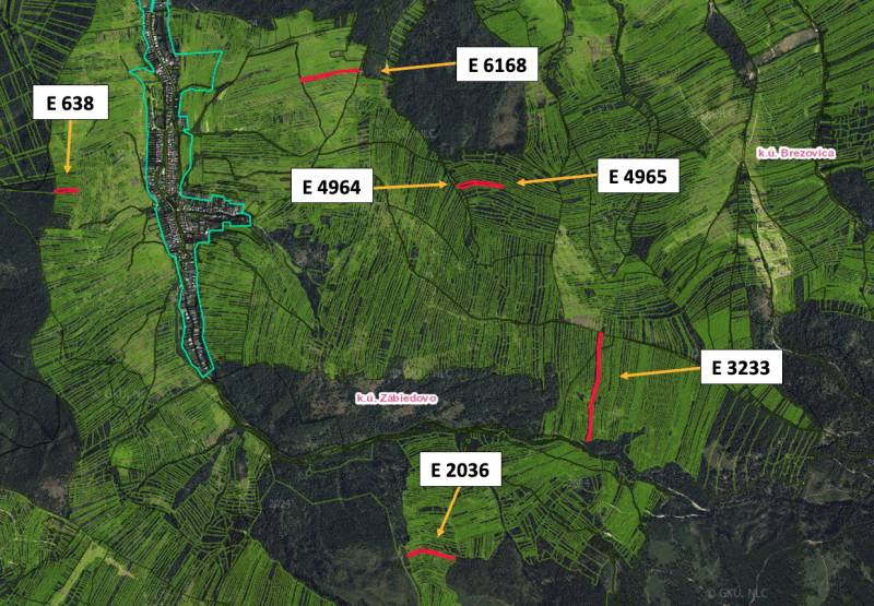 Letecká mapa Zemědělských a lesních pozemků v okolí Zábiedova s označenými parcelami.