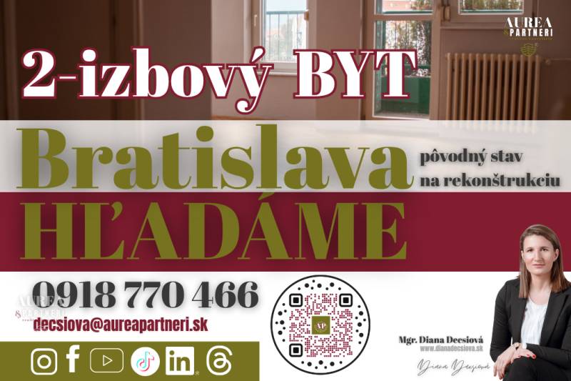 Hledání 2-pokojového bytu v Bratislavě na rekonstrukci, kontakt a QR kód.