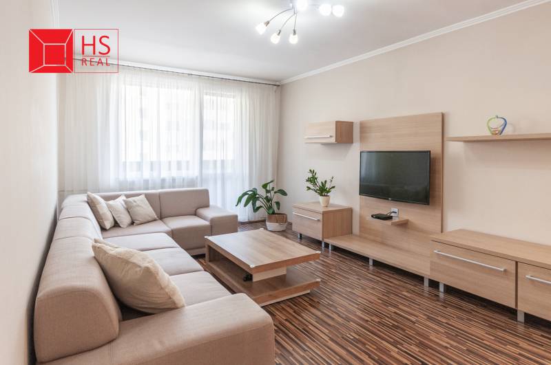 Obývací pokoj v 3pokojovém bytě s pohovkou, televizí a podlahou s dřevěným dekorem.