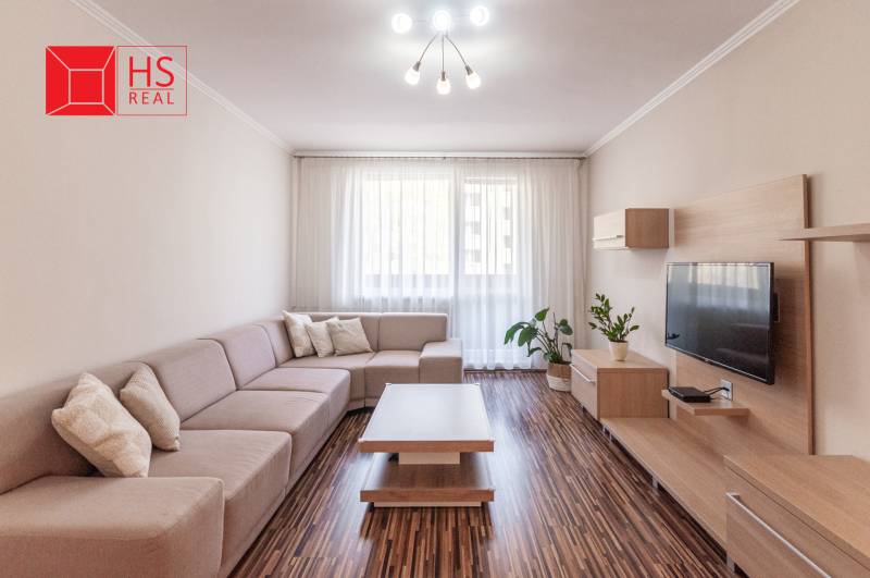 Obývací pokoj s pohovkou, podlahou s dřevěným dekorem a dekoracemi v 3-pokojovém bytě.