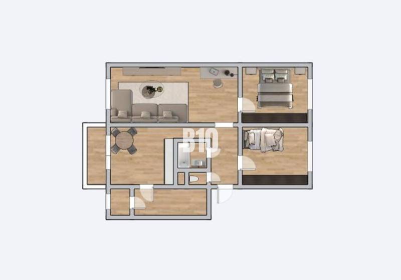 Půdorys 3pokojového bytu s podlahou s dřevěným dekorem a praktickým uspořádáním místností.